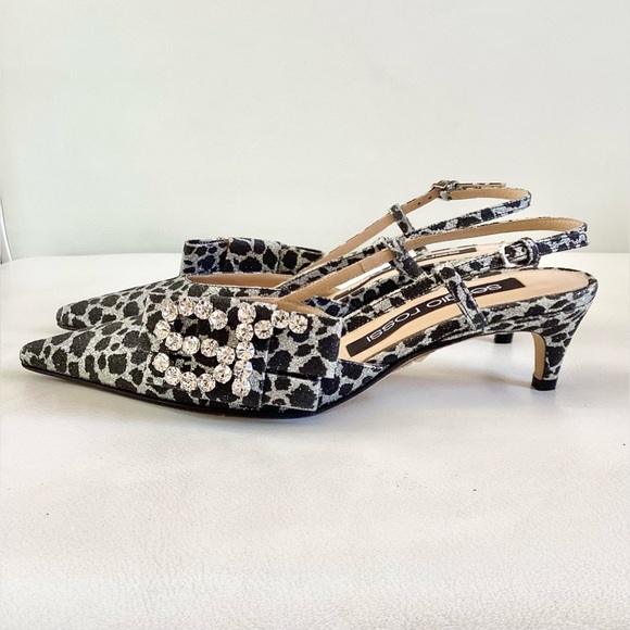 Sergio Rossi Shoes - Sergio Rossi Metallic Silver/Black Leopard Pointed Kiten Heel Slingback Pump 6.5